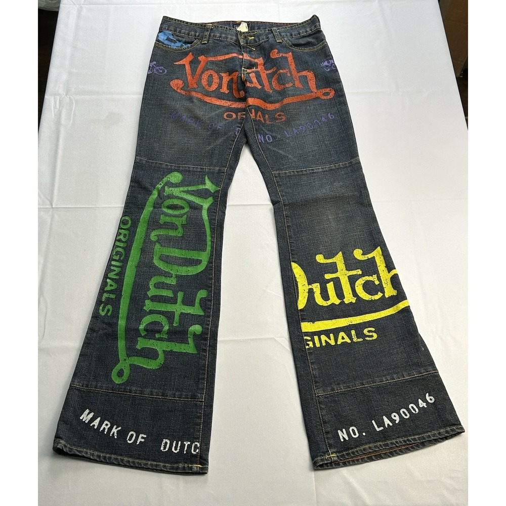 Rare Y2K Von Dutch Jeans 28 Made USA Graphic Flare Streetwear Kustom Denim 90s